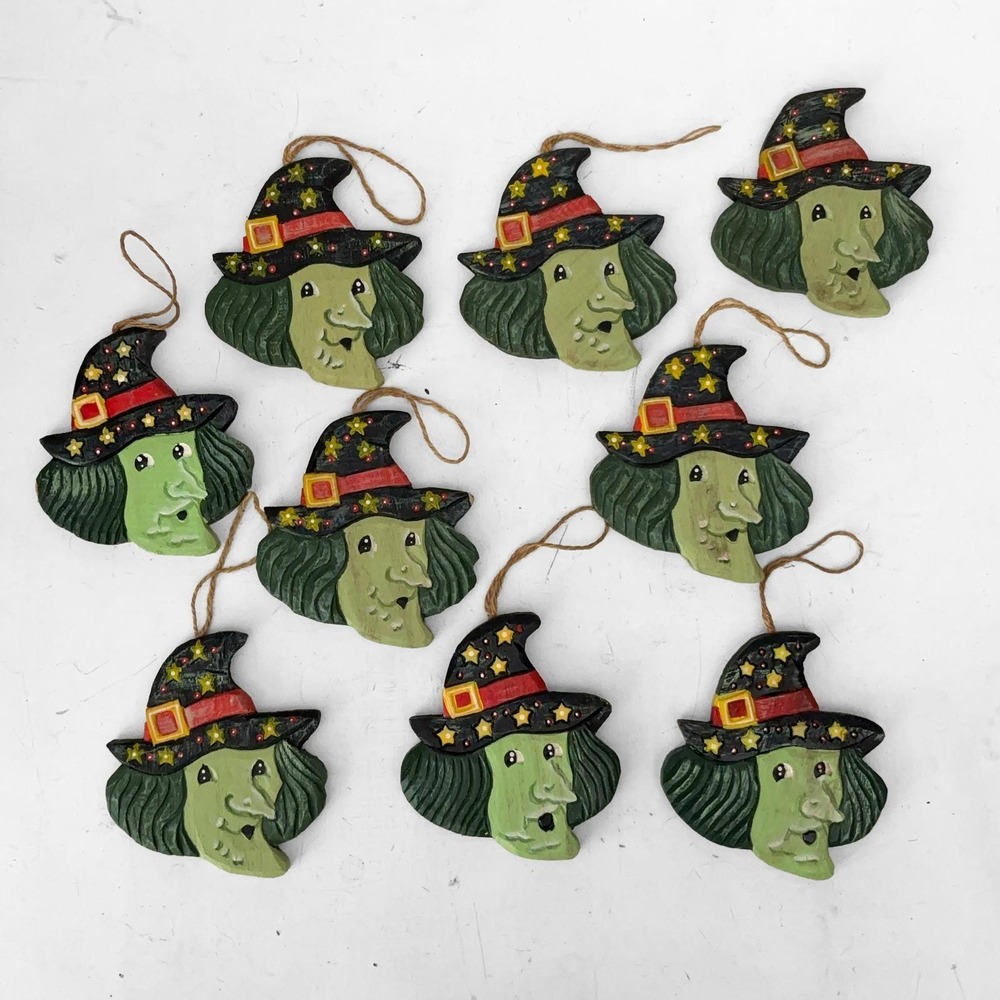 VTG Wooden Witch Ornaments Set of 9 Hand Painted Halloween Decor